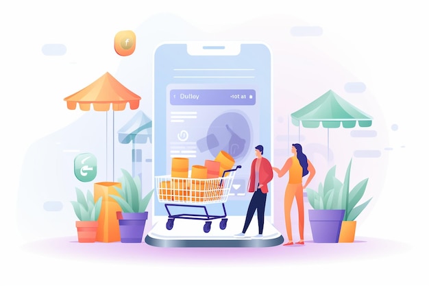 Concetto di shopping mobile vettoriale con le persone che acquistano cose nel negozio online tramite uno smartphone