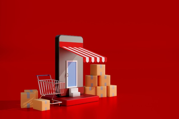 Concetto di shopping online con il carrello del supermercato per smartphone di marketing e il rendering 3d dei pacchi