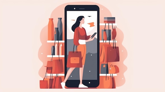 Concetto di shopping online Una donna sceglie e acquista prodotti nel negozio di applicazioni mobili online Generative AI