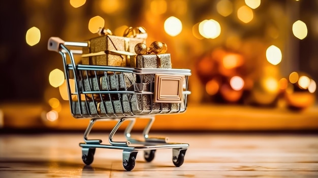 Concetto di shopping regalo per le vacanze Carrello pieno di regali IA generativa