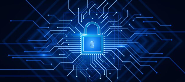 Concetto di sicurezza di rete con blocco digitale nel circuito luminoso su sfondo scuro rendering 3D