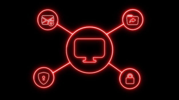 Concetto di sicurezza informatica al neon con icone luminose di blocco dello scudo computer bu e nuvola in un buio
