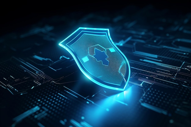 Concetto di sicurezza informatica come scudo protettivo su sfondo blu ai generativo