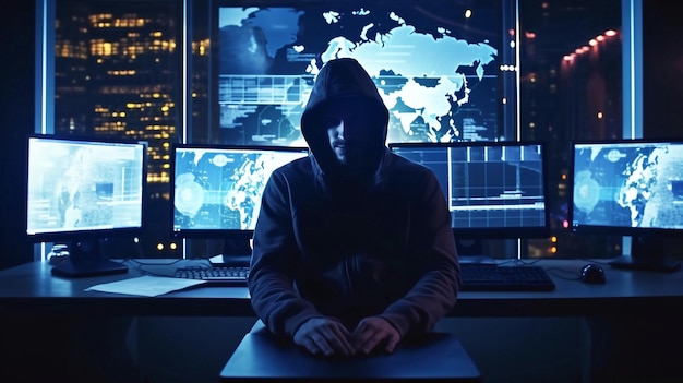Concetto di sicurezza informatica Hacker in una stanza buia con computer e monitor