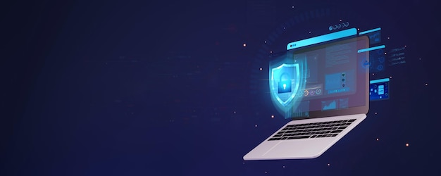 Concetto di sicurezza informatica Laptop con scudo Sicurezza tecnologia internet protezione dei dati antivirus