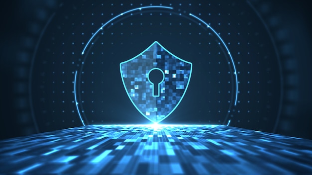 Concetto di sicurezza informatica Scudo con l'icona del buco della serratura sul centro digitale astratto di grandi dati.