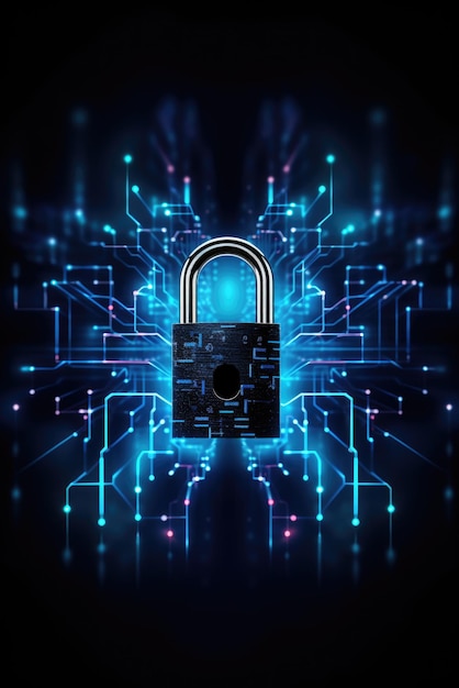 Concetto di sicurezza informatica Simbolo di blocco e connessione di rete su sfondo blu