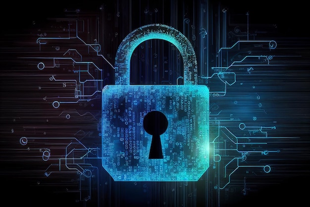 Concetto di sicurezza informatica Simbolo di blocco e protezione di informazioni e dati privati Firewall da attacchi di hacker IA generativa