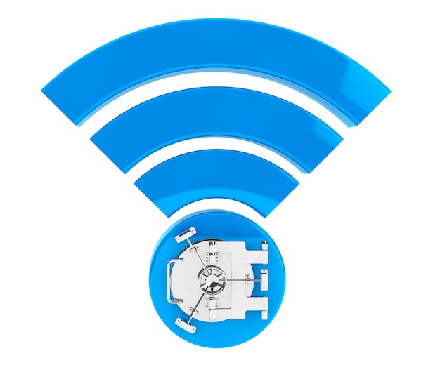 Concetto di sicurezza Internet WiFi. Simbolo 3d wifi con sportello di sicurezza bancario su sfondo bianco