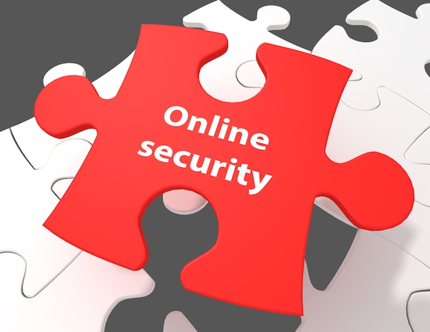 Concetto di sicurezza: sicurezza online su sfondo bianco pezzi di un puzzle, rendering 3d