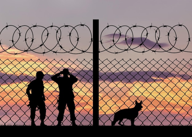 Concetto di sicurezza. Silhouette dei militari con un cane sullo sfondo del recinto con filo spinato al tramonto