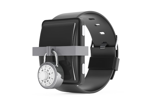 Concetto di sicurezza. Smartwatch con lucchetto a combinazione su sfondo bianco. Rendering 3D