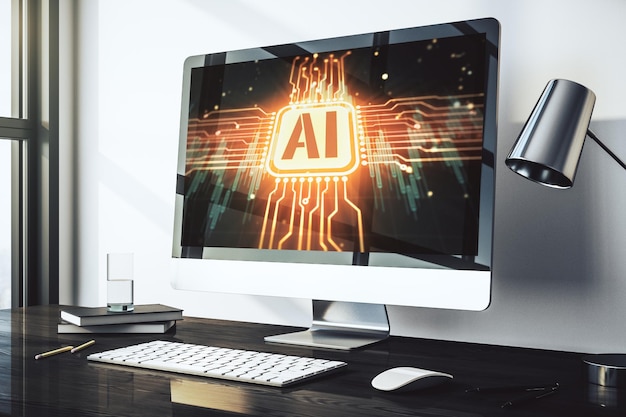 Concetto di simbolo di intelligenza artificiale creativa sul rendering 3D dello schermo del laptop moderno