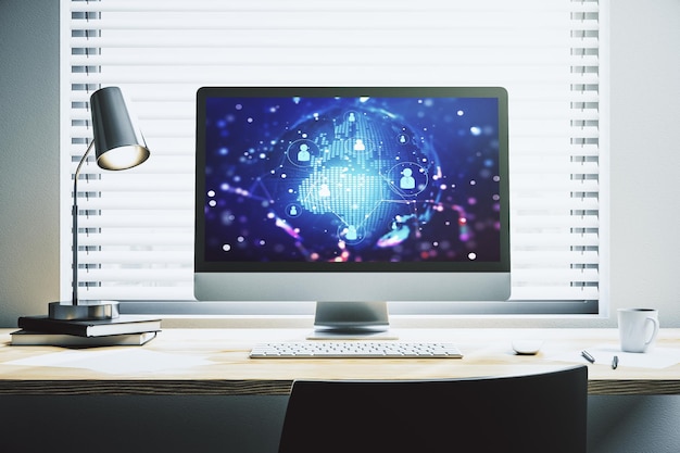 Concetto di social network con mappa del mondo sullo schermo del laptop moderno Rendering 3D