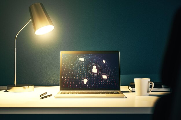Concetto di social network sullo schermo moderno del laptop Rendering 3D
