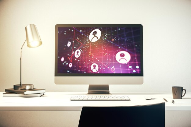 Concetto di social network sullo schermo moderno del laptop Rendering 3D