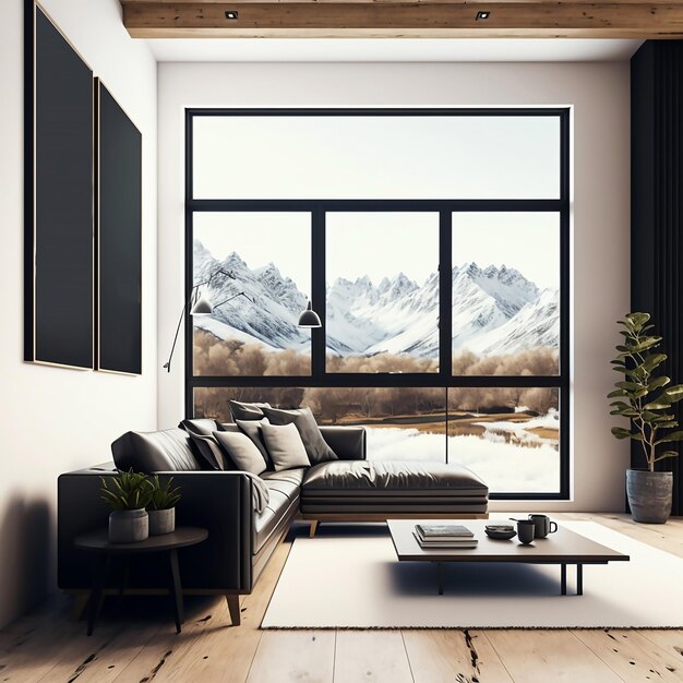 Concetto di soggiorno con vista panoramica sulle montagne e divano IA generativa