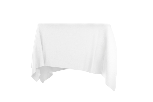 Concetto di sorpresa, premio o premio. Oggetto nascosto coperto con un panno di seta bianca su uno sfondo bianco. Rendering 3D