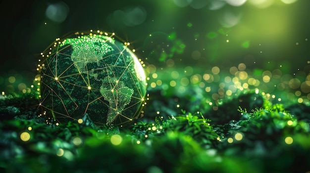 Concetto di sostenibilità interconnesso mondo verde astratto equilibrio ecologico tema tecnologico futuro minimalista AI generativo