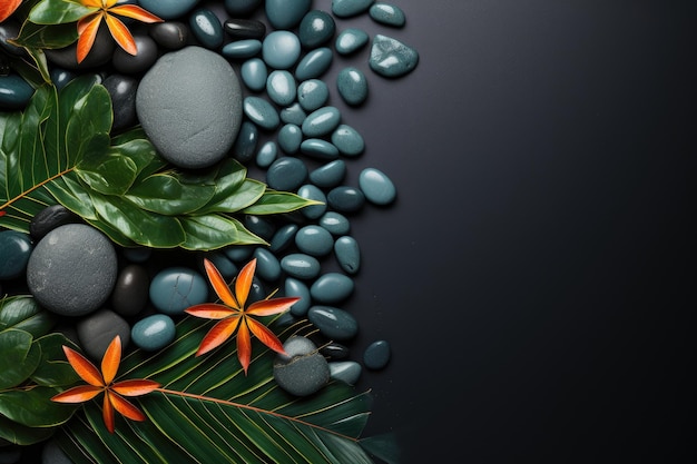 Concetto di Spa con pietre zen e foglia tropicale su sfondo nero