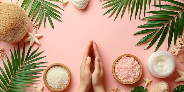 Concetto di spa con prodotti naturali e foglie tropicali su sfondo pastello