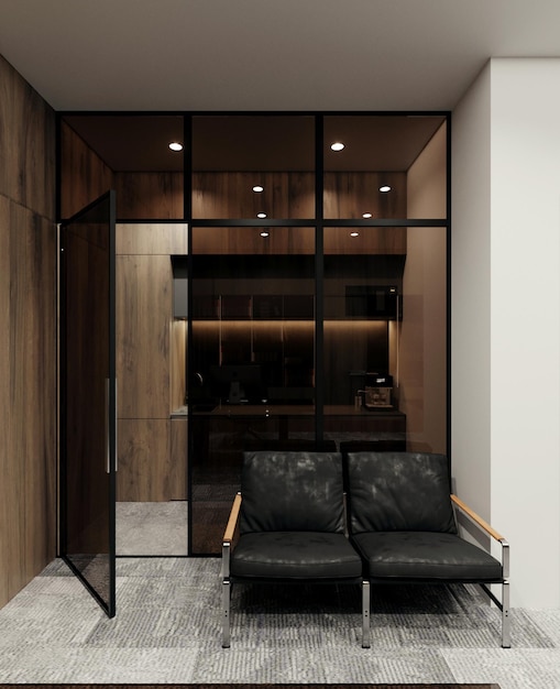 Concetto di spazio ufficio. Visualizzazione 3D. Design degli interni dell'ufficio. Pareti in vetro e pannelli in legno o