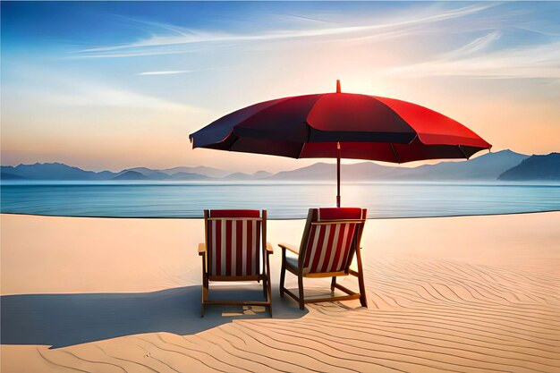 Concetto di spiaggia estiva con sedia a sdraio e ombrellone la sera al tramonto