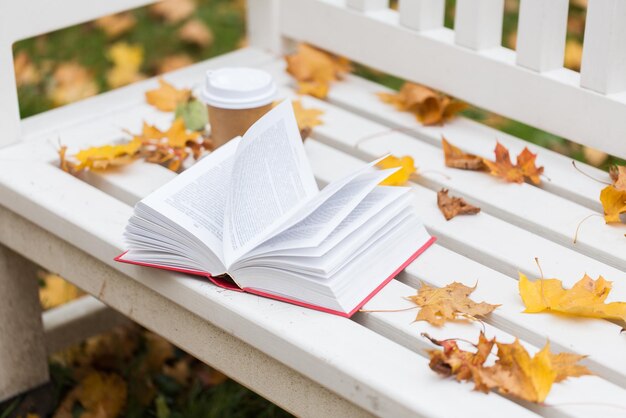 concetto di stagione, istruzione e letteratura - libro aperto e tazza di caffè sulla panchina nel parco autunnale