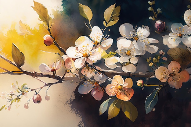 Concetto di stagione primaverile Primo piano ramo di un albero in fiore fiori bianchi illustrazione ad acquerello IA generativa