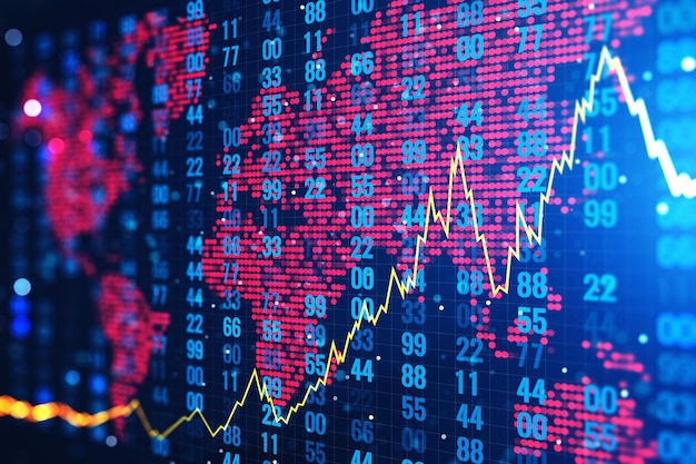 Concetto di statistiche con numeri di grafico e rendering 3D della mappa del mondo