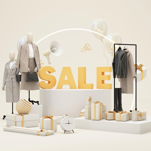 Concetto di stile di vita di moda Manichini con spazio per annunci promozionali su vendite e podi stand di esposizione di prodotti e forma geometrica su sfondo bianco rendering 3d