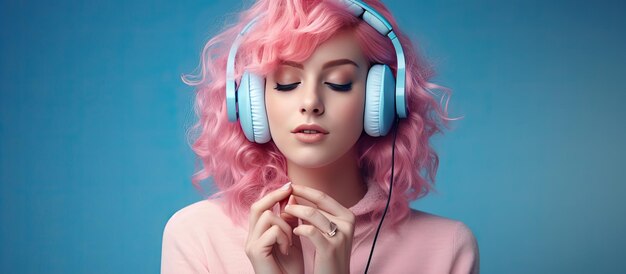 Concetto di stile personale con una ragazza carina in stile rosa che posa con un telefono rosa e ascolta musica su uno sfondo blu