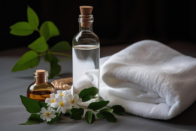 Concetto di stilllife Spa Asciugamano bianco e una piccola bottiglia di olio essenziale