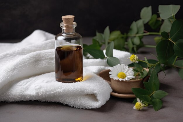 Concetto di stilllife Spa Asciugamano bianco e una piccola bottiglia di olio essenziale