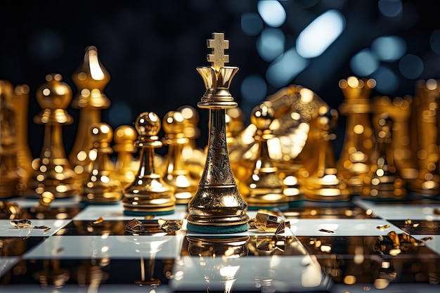 Concetto di strategia aziendale rappresentato da un pezzo degli scacchi della regina d'oro circondato da scacchi d'argento caduti