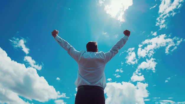 Concetto di successo background aziendale con la silhouette di un uomo d'affari con le braccia spalancate