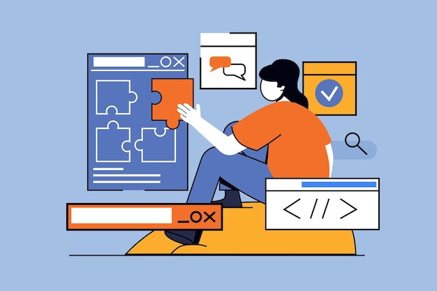 Concetto di sviluppo di app con scene di persone in design piatto per il web Sviluppatore che crea un'interfaccia reattiva per l'utente che lavora con il codice Illustrazione vettoriale per il materiale di marketing dei banner dei social media