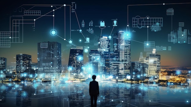 Concetto di sviluppo di applicazioni smart city Internet delle cose smart living information technology Generative AIx9