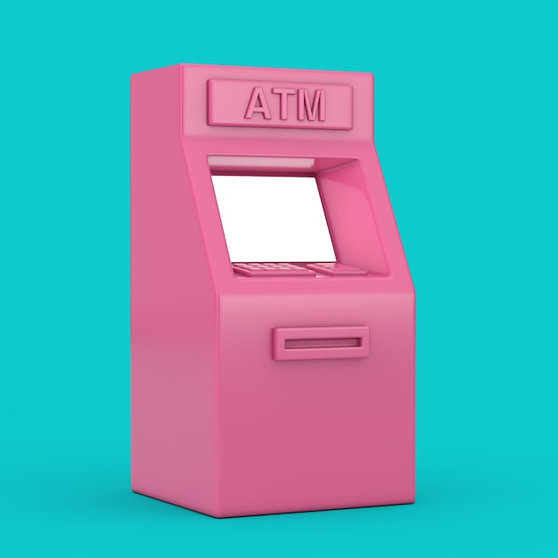 Concetto di tecnologia aziendale Macchina per il deposito ATM in stile cartone animato rosa con rendering 3d in stile bicolore