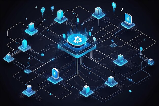 Concetto di tecnologia blockchain astratto Blocchi digitali isometrici connessione di dati che raffigurano una blockchain di criptovaluta