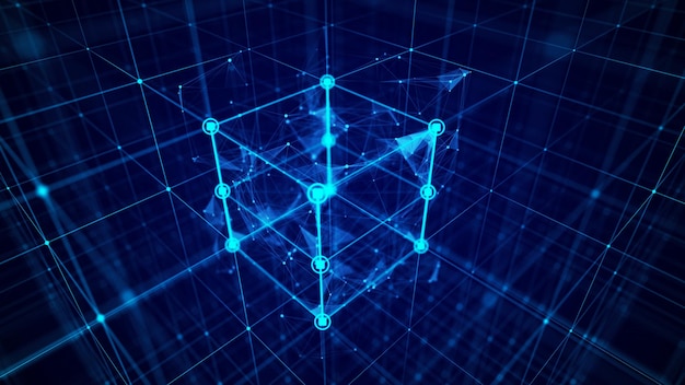 Concetto di tecnologia blockchain Visualizzazione del flusso dinamico dell'industria delle criptovalute Connessioni del flusso di dati di grandi dimensioni Struttura della connessione di rete Rendering 3D