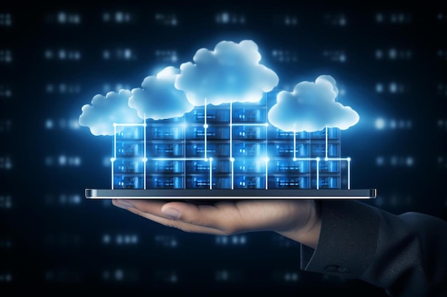 concetto di tecnologia cloud computazione archiviazione dati software infrastruttura pulsante a mano