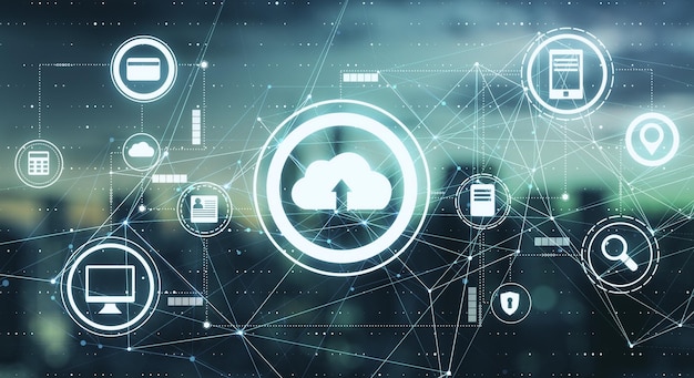 Concetto di tecnologia cloud con icone di rete Internet collegate da linee su schermo digitale sullo sfondo astratto della città