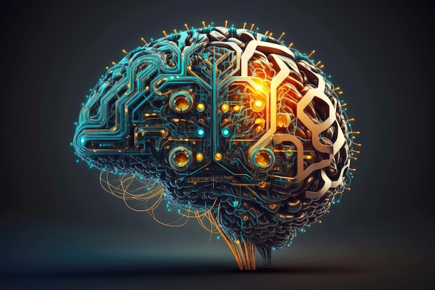 Concetto di tecnologia contemporanea sotto forma di cervello cibernetico con connessioni internet generative ai