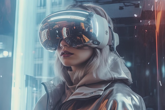 Concetto di tecnologia degli occhiali VR con dispositivo per occhiali indossabili Realtà virtuale esperienza immersiva futuristica generata IA