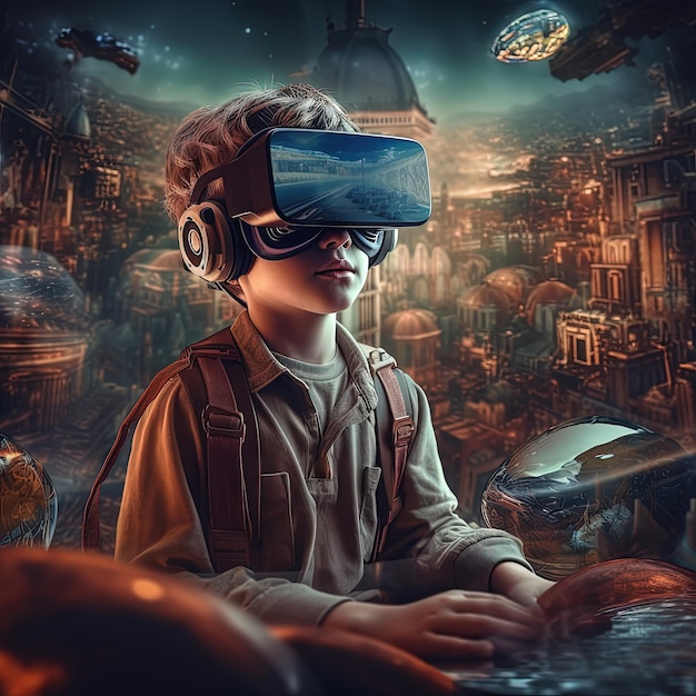 Concetto di tecnologia degli occhiali VR con dispositivo per occhiali indossabili Realtà virtuale esperienza immersiva futuristica IA generata