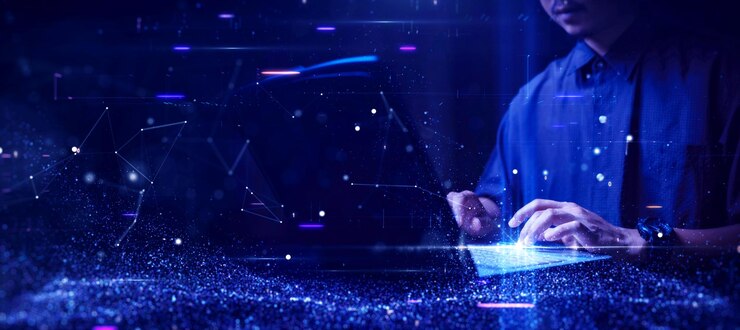 Foto concetto di tecnologia dell'informazione digitale l'uomo utilizza la sicurezza informatica per proteggere i computer dall'online
