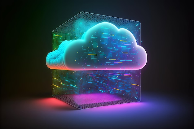 Concetto di tecnologia di base di dati di cloud computing con strutture al neon luminose su sfondo scuro Illustrazione dell'IA generativa