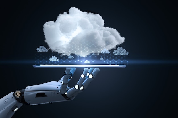 Concetto di tecnologia di cloud computing con cyborg