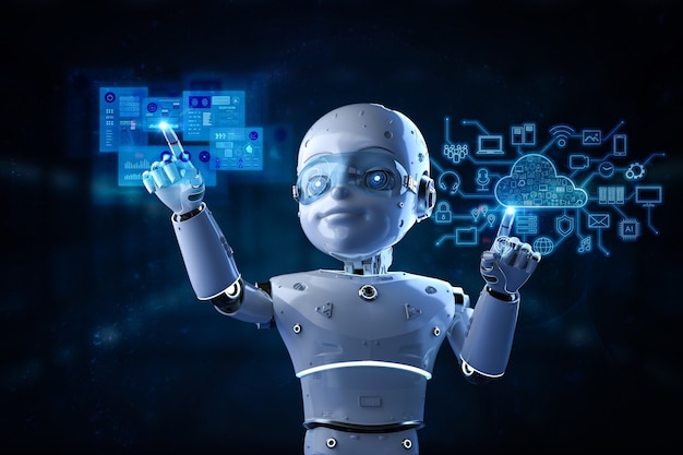 Concetto di tecnologia di cloud computing con rendering 3d robot carino e display grafico